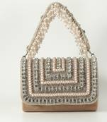 Beige suede embellished flap over clutch bag