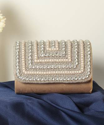 Beige suede embellished flap over clutch bag 2