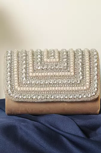 Beige suede embellished flap over clutch bag