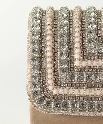 Beige suede embellished flap over clutch bag 3
