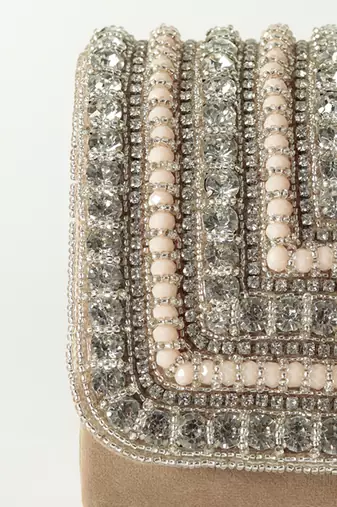 Beige suede embellished flap over clutch bag