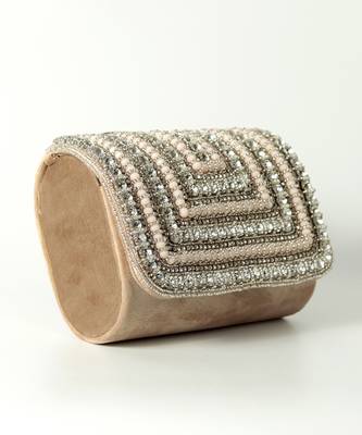 Beige suede embellished flap over clutch bag 4