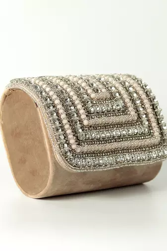 Beige suede embellished flap over clutch bag