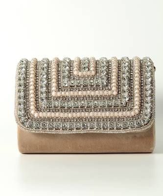 Beige suede embellished flap over clutch bag 5