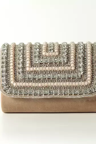 Beige suede embellished flap over clutch bag