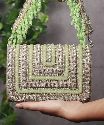 Green suede embellished flap over clutch bag 1