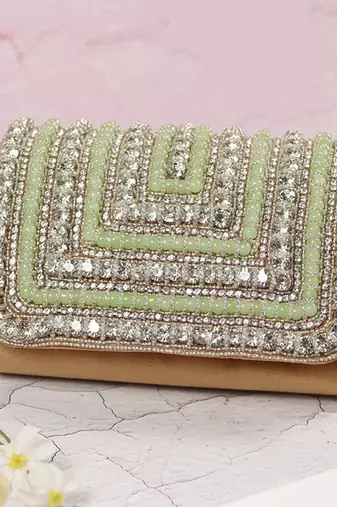 Green suede embellished flap over clutch bag
