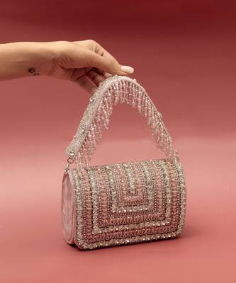 Pink suede embellished flap over clutch bag 1