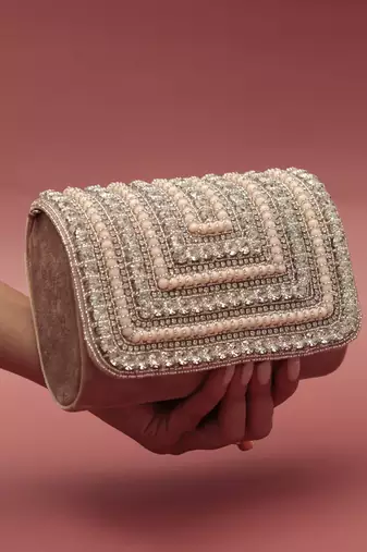 Pink suede embellished flap over clutch bag