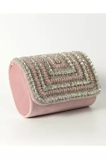 Pink suede embellished flap over clutch bag