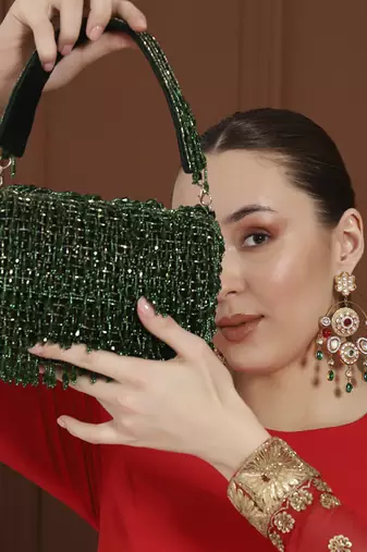 Green suede beaded flap over clutch bag