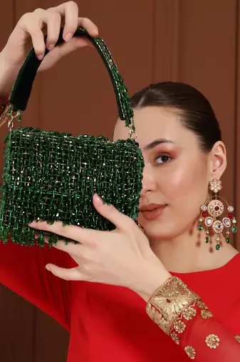 Green suede beaded flap over clutch bag