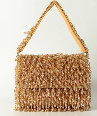 Gold suede beaded flap over clutch bag 1