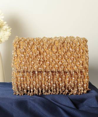 Gold suede beaded flap over clutch bag 2