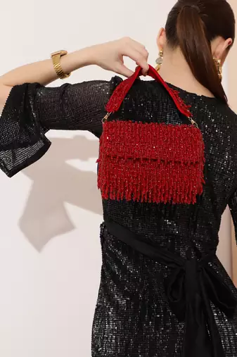 Red suede beaded flap over clutch bag