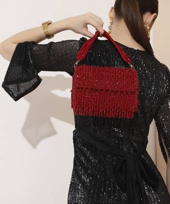 Red suede beaded flap over clutch bag 4