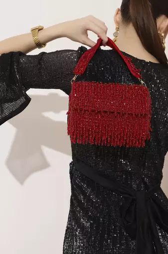 Red suede beaded flap over clutch bag