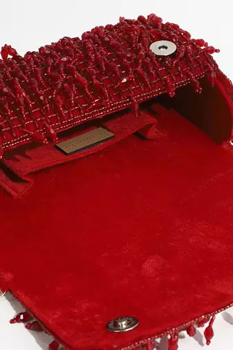 Red suede beaded flap over clutch bag