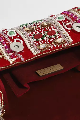 Red suede flap over clutch bag