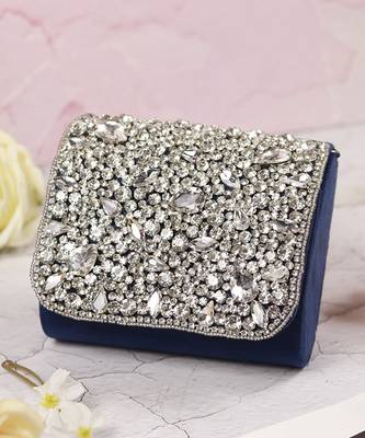 Blue suede mini bag with embroidered handle 1