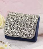 Blue suede mini bag with embroidered handle