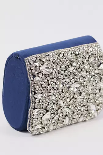 Blue suede mini bag with embroidered handle