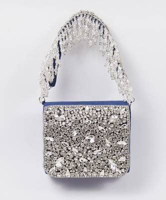 Blue suede mini bag with embroidered handle 4