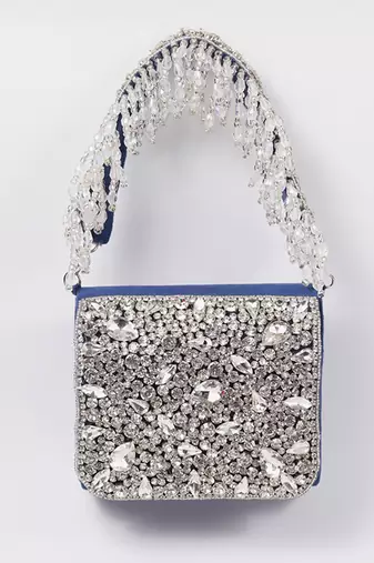 Blue suede mini bag with embroidered handle