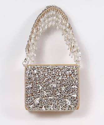 Gold suede mini bag with embroidered handle 2