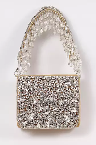 Gold suede mini bag with embroidered handle
