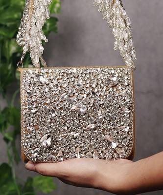 Gold suede mini bag with embroidered handle 4