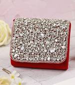 Suede red mini bag with embroidered handle