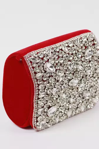 Suede red mini bag with embroidered handle