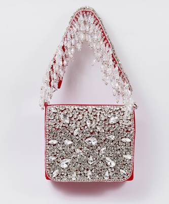 Suede red mini bag with embroidered handle 4