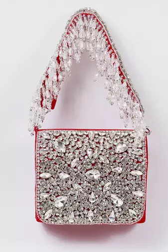 Suede red mini bag with embroidered handle