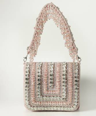Pink suede mini bag with embroidered handle 1