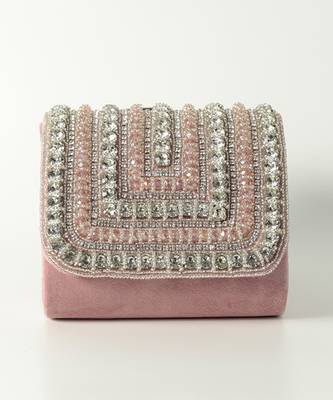 Pink suede mini bag with embroidered handle 4
