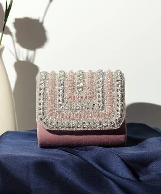 Pink suede mini bag with embroidered handle 5