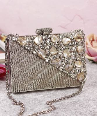 Silver beaded silver embellished brass clutch 1