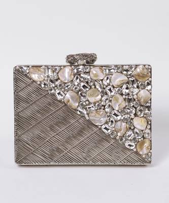 Silver beaded silver embellished brass clutch 2