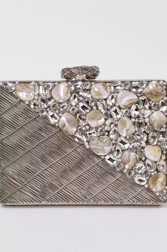 Silver beaded silver embellished brass clutch
