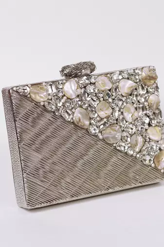 Silver beaded silver embellished brass clutch
