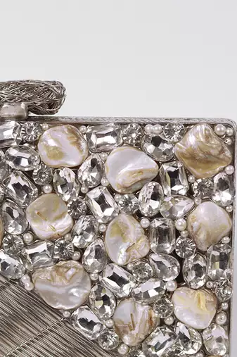 Silver beaded silver embellished brass clutch