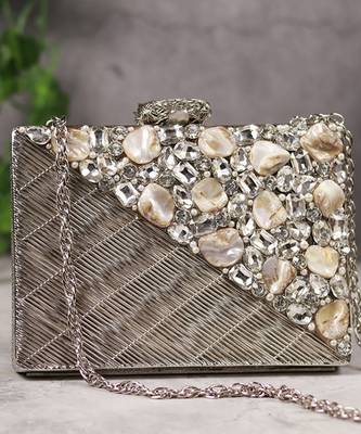 Silver beaded silver embellished brass clutch 5