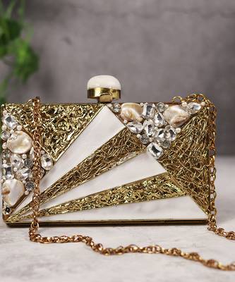 Gold bead embellished mother of pearl clutch 1