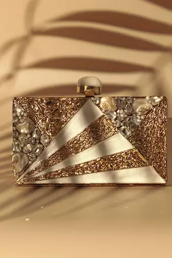 Gold bead embellished mother of pearl clutch
