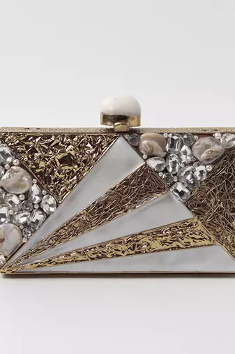 Gold bead embellished mother of pearl clutch