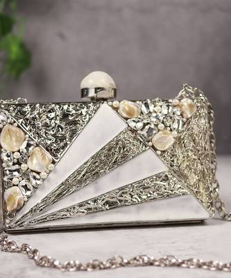 Silver beaded embellished mother of pearl clutch 1