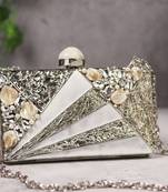 Silver beaded embellished mother of pearl clutch