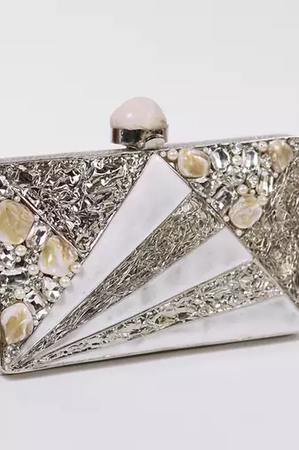 Silver beaded embellished mother of pearl clutch